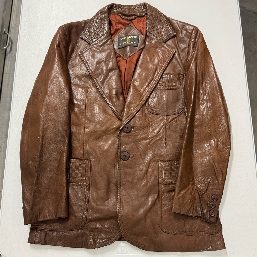 Eastastic Leather Blazer Mens Brown Excellent Vintage Woven Detail Jacket